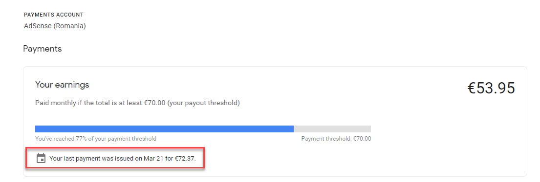 Cât se câștigă din Google AdSense în România? Studiu de caz 4 decontare adsense 70 eur