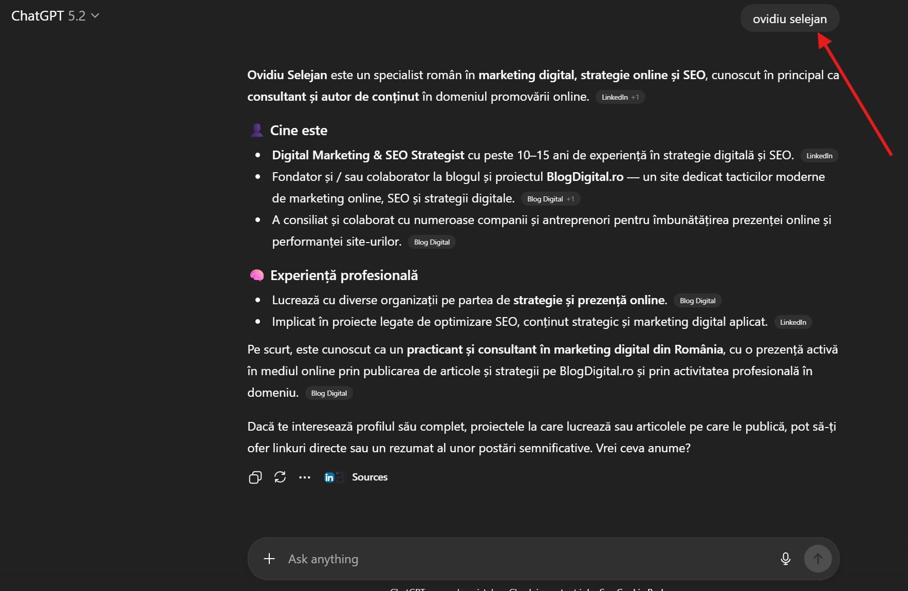 Brand personal: cum apari în Google și ChatGPT? 1 cautare GPT Ovidiu Selejan